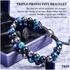 Bracelet de protection triple perlé 8 mm tigres de perles oeil noir obsidien hématite et traitement des femmes