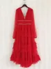 Casual Dresses Aeleseen Red Long Party Dress for Women V-Neck Sequined Pleated Ruffles Edible Tree Pink Black Gazes Year