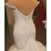 Mermaid trouwjurken v-neck off schouderontwerp kralen kristallen appliques aangepaste bruids court jurk vestidos de novia