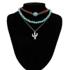 Pendant Necklaces KunJoe Bohemian Multi layered Blue Stone Beads Korean Velvet Necklace Womens Punk Metal Cactus Pendant Cross Chain Necklace J240513