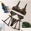 Bras Sets Sexy Bra And Thong Perspective Pastoral Floral Garter With Leg Ring Three-Piece Lingerie Set Rims Embroidery 2023 Drop Del Dhe0S