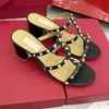 Women Leather Stud Sandals T-strap Shoes Summer 6cm High Heels Rivets Shoe Ladies Sexy Party with Dust Bag 35-44 and box