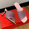 Denim Rhinestone Slippers Designer Sandals Kitten Heels Slippers Crystal Shoes Slide Comfort Top Quality Party Dress Shoe Summer Beach Sandale Outdoor Slipper