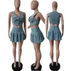 Work Dresses Sexy Pleated Denim Skirt Shorts Sets Summer Single Breasted Tank Crop Top And Mini Women 2 Piece Casual Outfits Blue Suits