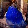 Royal Blue Shiny Quinceanera Dresses 2024ビーズスパンコールのレースアップリケTull甘い16ドレスボールガウンVestidos de 15 Anos