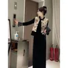 Werk jurken Chinese stijl vrouwen kleding lente vintage jacquard pan knop Vest zwarte lange jurk set tweedelig outfits
