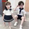 Clothing Sets 2-10Y Brothers sisters Summer Navy Collar Boys and Girls Clothing Set Short Sleeve Girls Prep Dress Family Matching Clothing d240514