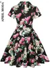 Festklänningar 1950 -talets stil vintage sommar mode kvinnor klänning elegant retro blommig svart tryck sexig kort ärm kväll 2024