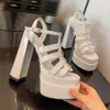 women 2024 Ladies Genuine real patent leather sandals chunky 14CM high heels summer 5CM platform Square head Casual peep toe party wedding Narrow Band buckle sa