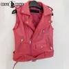 Casual Women Motorcycle Sleeveless Sheepskin Vest Zipper Belted Slim Fit Short Waistcoat Genuine Leather Vest Outerwear Jacket 240513