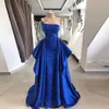 Arabic Royal Blue Prom Dresses 2021 Sexy Strapless Shinning Beaded Evening Gowns Satin Sweep Train Robe De Soiree Custom Made 2684