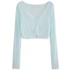 2024 Summer Nowe Cardigans Women Style Korean Office Lady V-Neck stały kolor długi rękaw Sym Szczupły topy moda swobodna wszechstronna krótka bluzka bluzka kobieta