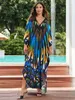 Bohemian Multicolor Print Long Sleeve Loose Kaftans Dress for Women Summer Autumn Sexy V Neck Maxi Dresses Q1588 240514