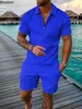 2024 Mens Polo Suit Fashion Men Sets Solid Summer V-neck Zipper Short Sleeve POLO ShirtShorts Two Pieces Men Casual Suit 240514