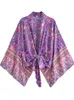 Vintage Chic Women Purple Floral Print Outfits Short Kimono Robe Bohemian Suits Wide Leg Pants 2 Pieces Rayon Boho Set Swimsuit 240514