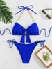 Cadeia de biquíni de moda feminina Halter de metal Halter Two peças Sexy Tire-up Tire-maiô Mulheres Blue-Batted Bathing Suit de maquinista Biquinis