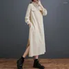 Casual Dresses Autumn Winter Oversized Polo Neck Long Dress Women Corduroy Side Split Loose Slim Waist Tie Up Knee Length