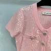 Designer fransk klänning rosa paljett kort ärm stickad klänning med midjeband för kvinnokläder