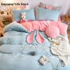 Yatak Setleri Kulaklar Kış Kış Sıcak Polar Flanel Velvet Sevimli Kız Set Nevresim Yatak Yatak Keten Fitted Sheet Yastık