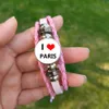 I Love PARIS Pink Bracelet 2024 France Flag Glass Photo Handmade Leather Bangles For Women Girl