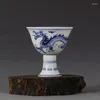 Decorative Figurines 3.2" China Old Antique Porcelain Xuande Blue And White Lines Dragon Stem Cup Statues For Decoration Collection