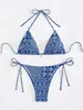 Swimwear féminin 2024 Bohemian Flower Bikini Set Fleons Flower Print Blue Pattern Bather Bohemian Sling Bandwand Mailwear Shower Set J240510