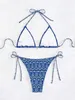 Swimwear féminin 2024 Bohemian Flower Bikini Set Fleons Flower Print Blue Pattern Bather Bohemian Sling Bandwand Mailwear Shower Set J240510