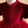 Robes de fille Childrens Hobe Nouveau mariage Qipao Standing Neck Girls Hobe Red Velvet Childrens Robe Nouvel An Vêtements de Noël Y240514