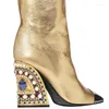 Bottes Gold Cour pour les femmes Automne Winter Western Cowboy Diamond High Talon pointu Point Crystal Chaussures