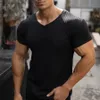 Men V Neck Short Sleeve T-shirt Slim Fit Sports Strips T-shirt Male Solid Fashion Tees Tops Summer Sticked Gym Fitness Clothing 240514