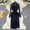 Casual jurken schuimlina elegante vrouwen zwarte lente herfstjurk sexy transparant mesh lange mouw slanke bodycon zijkant split midi party robe