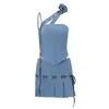 Tweedelige jurk whermery mode nieuwe tweedelig set zomer blauwe y2k sluleloze schuine nek een lijn halsband top en geplooide mini -jurk y240508