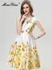 Casual Dresses MoaaYina Autumn Fashion Designer Elegant Floral Print Tank Dress Women O Neck Diamond Beading Sequins High Waist Slim Midi