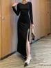 Sukienki zwyczajne projektant qHz moda moda vintage imprezowa sukienka Kobieta długie rękawowe puste talia Nit wysokiej jakości szczupły czarny liceum