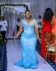 Aso Ebi 2024 Blue Mermaid Prom Dresses Sequined Crystals Beaded Luxurious Evening Party Formal Second Reception Birthday Enagement PromDress Gowns LF037