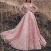 Sparkly Rose Evening Dresses Gold Sequined long sleeve Luxury High Side Split Prom Gown With Detachable Train Long Formal Party Gown 230F