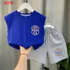 Coloque de roupas de vestuário de verão para meninos, roupas para meninos, roupas de moda infantil com mangas de moda+shorts masculinos roupas de bebê 2-11y D240514