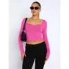 Y2K New Sexy Square Neck T-shirt Women's Autumn Long sleeved Short BM Top Spicy Girl Open Navel Knit F51423