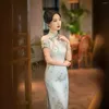 Ethnic Clothing Summer Mandarin Collar Cheongsam Dress Floral Printed Satin Slim Vintage Traditional Handmade Button Qipao