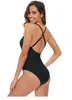 Women's Swimwear Sexy Cut Out One Piece Swimsuit Women Solid Black Mesh Patchwork Surfing Backless Monokini High Neck Bathing Suit Mujer