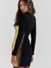 Casual Dresses Elegant Gold Sparkling Women Patchwork Mini Dress Fashion O-Neck Long Sleeve BodyCon 2024 Lady Party Club Robes