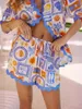 2024 Summer New Fashion Fashion Print Lace Wave Camisa de manga curta e shorts Conjunto para mulheres Blue Contrast Logo Leisure Resort Beach de 2 peças Conjunto