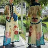 2024 İlkbahar/Yaz Yeni Moda Kişiselleştirilmiş Çiçek Baskı Kabarcık Kolları Uzun Kollu Gömlek ve Pantolon 2 Parçalı Gevşek Günlük Tatil Seti