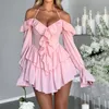 Home Clothing Women's Layered Ruffled A-Line Dress Solid Color Off Shoulder Long Sleeve Mini Halter