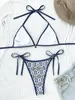 Kvinnors badkläder Kvinnor tryckta bikinier Push Up Padded Bikini Set Halter Bandage Metal Patchwork Micro Thong Swimsuit Mini Bathing Suit