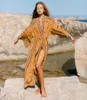 Bikini Cover-up Boho Print Self Belted Front Open Long Kimono Beach Robe TUNIC FEMMES COPIRES DE NAPUT