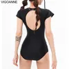 Frauen Badebekleidung Vigoanne 2024 Solid Short Sleeve Women Push Up One Piece Badeanzug Koreanisch geschlossen Monokini Rückenloser Hohlbadeanzug