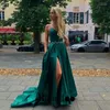 Robes de fête Green Stain Prom Prom Evening Spaghetti Strap Appliques Sweep Train Laçage Up Slit Robe de Ball Stretch Graduation Robe