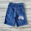 Shorts maschile jnco y2k hip hop retrò ricamo da cranio in denim palestra jeans larghi pantaloni neri da pallacanestro