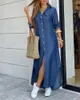 Vestidos casuais 2024 Mulheres moda elegante jeans Casaul Maxi Button através da camisa de fenda